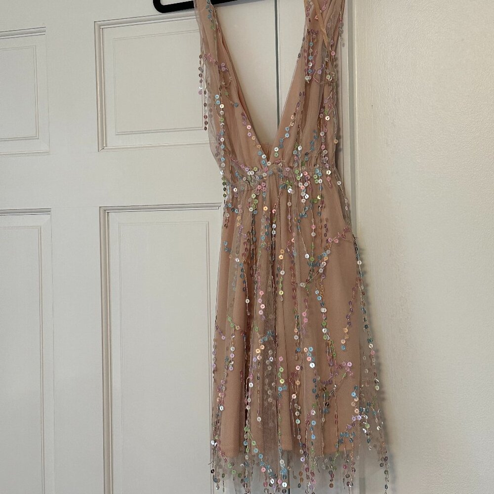 Mini party dress, beige/pink with coloful with sequin